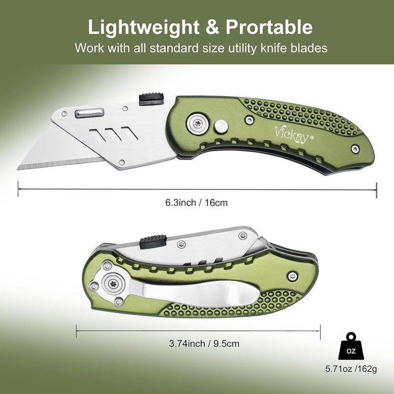 Vickay Folding Utility Knife, Box Cutter with 5 SK5 Quick Change Blades, Safety Axis Lock Design Razor Knife, Lightweight Aluminum Handle Belt Clip for Office Home Artcraft (Olive Green) - Image 2